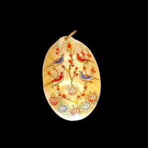 Vintage Persian hand-painted mother of pearl pendant featuring a pictorial desig